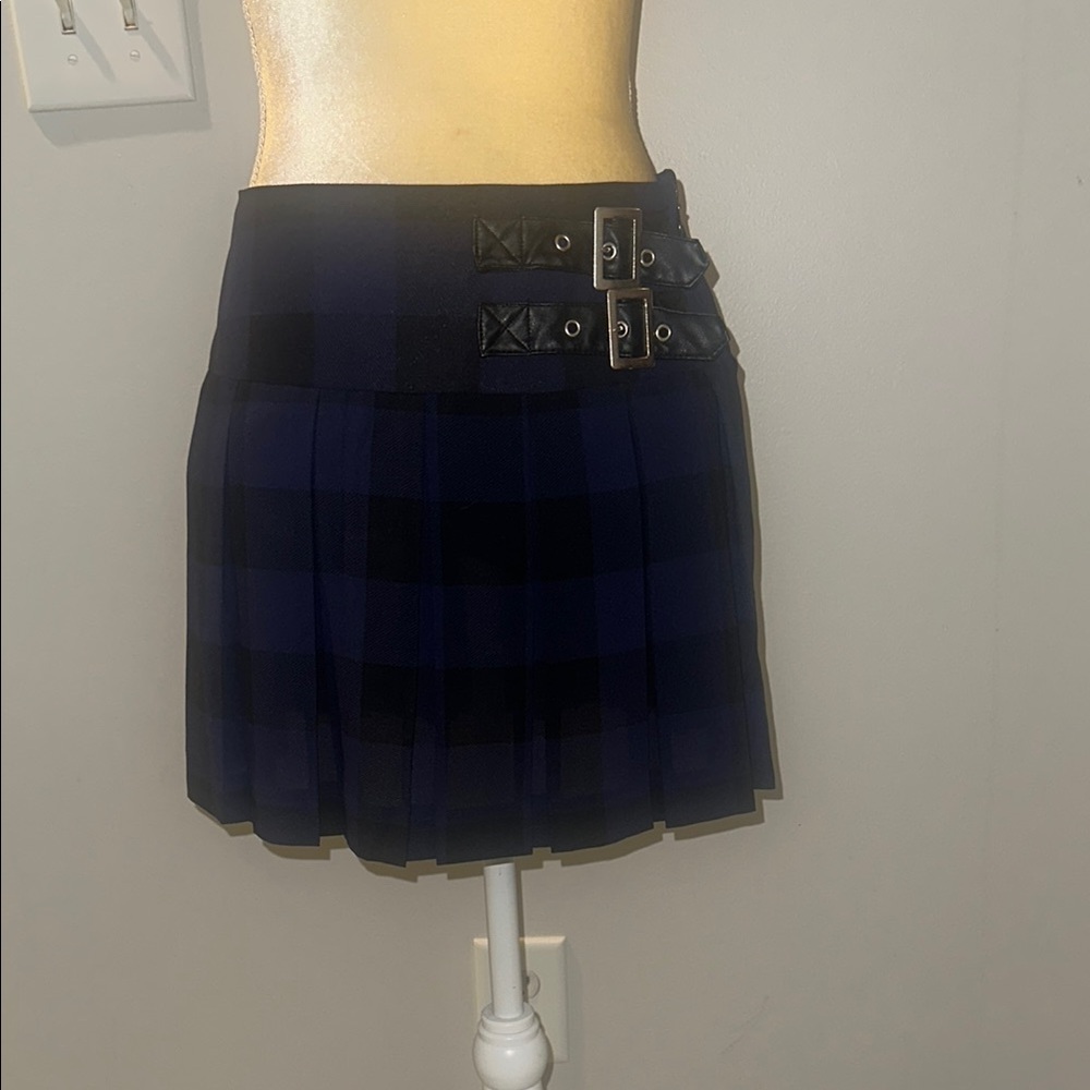 Plaid Pleated Skirt with Buckle Accents